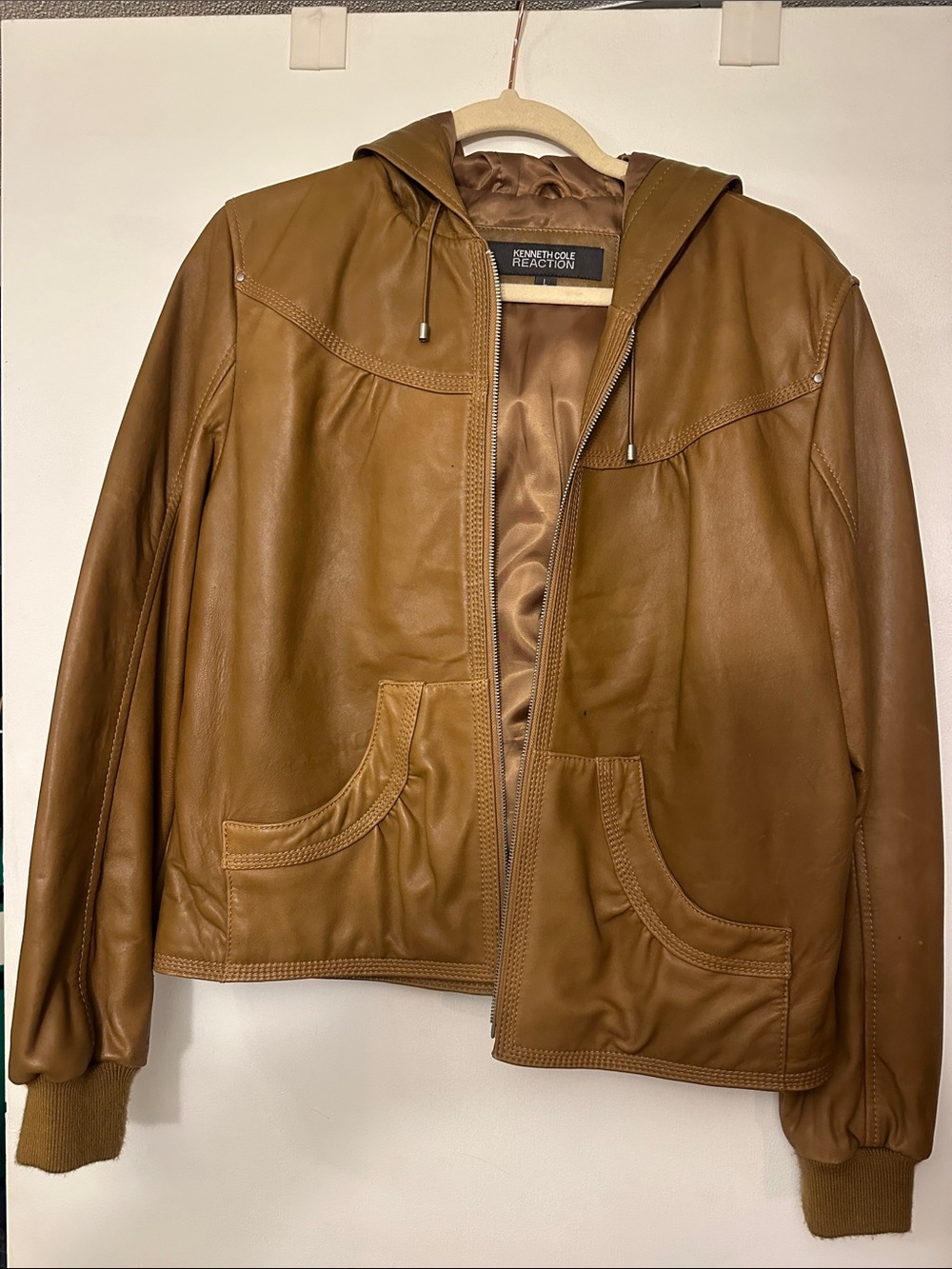 Kenneth Cole Reaction Camel Leather Hooded Jacket